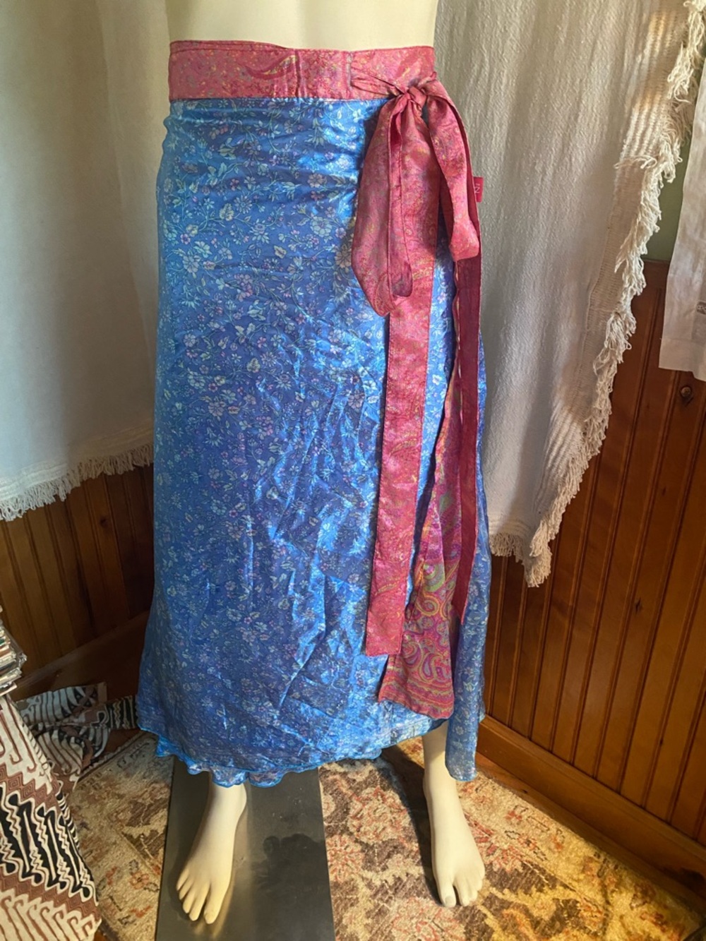 Women’s Blue Floral Silk Wrap Swim Cover-Up with Pink Tie